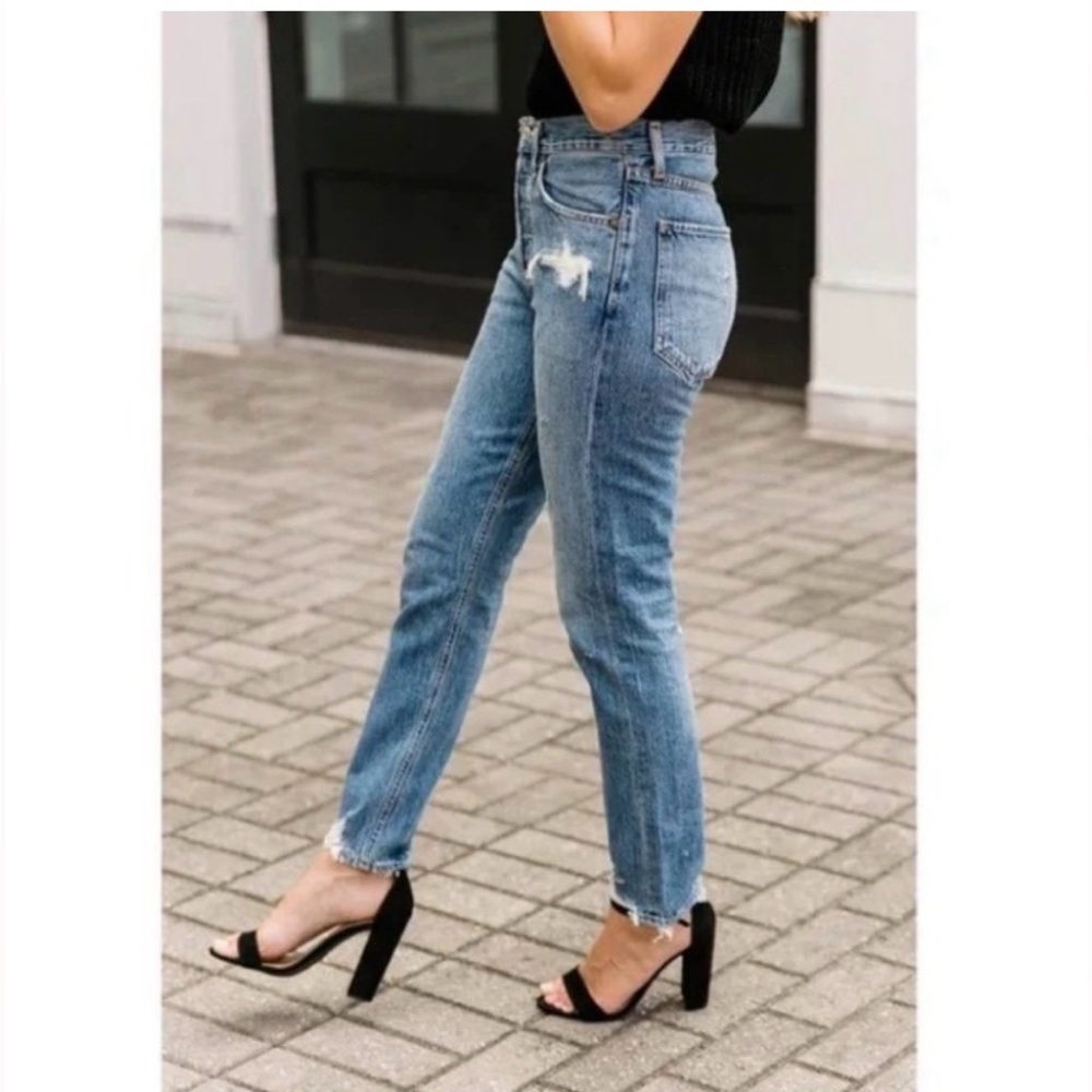 AGOLDE Jamie High Rise Classic Jeans in Grade Wash Chewed Hem Distressed Size 26